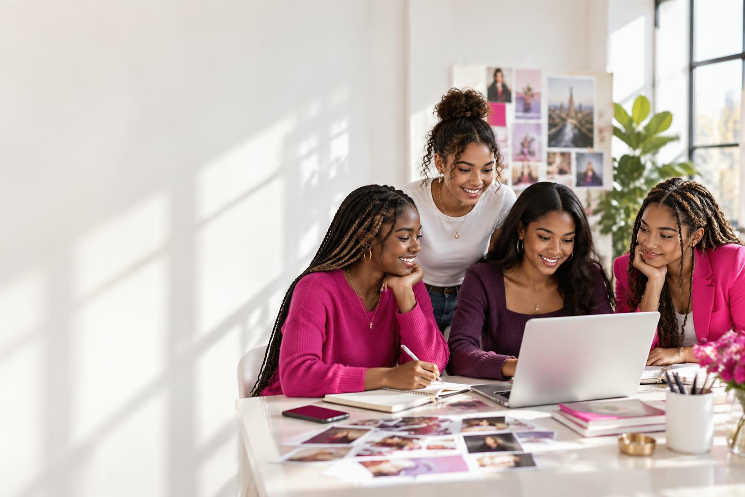 Teen girls collaborating on a business idea with a laptop in a bright coworking space